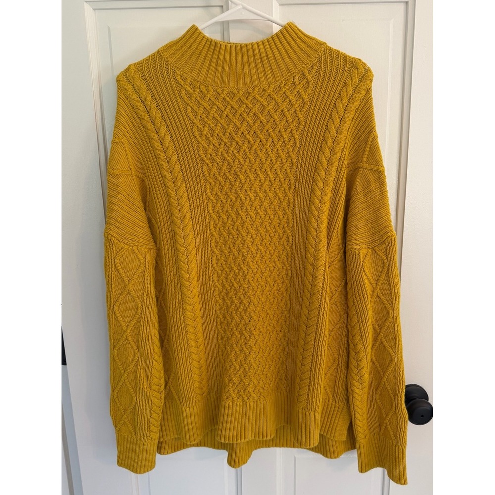 J.Crew Cotton Cable Knit Mockneck Sweater Mustard Yellow Oversized XL